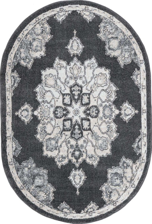 Charcoal 4' x 6' Parker Oval Area Rug Traditional Motif Classic Design Stain Resistant Carpet for Living, Dining, Bedrooms, Kitchen, Office for Sale at Rug Engine