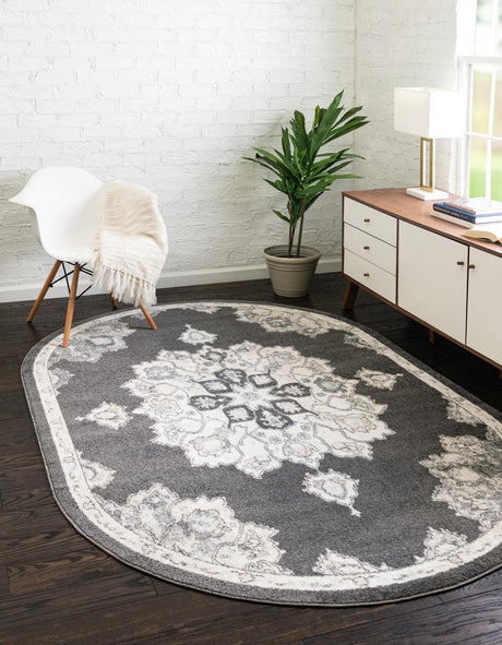 Charcoal 5' x 8' Parker Oval Area Rug Traditional Motif Classic Design Stain Resistant Carpet for Living, Dining, Bedrooms, Kitchen, Office for Sale at Rug Engine