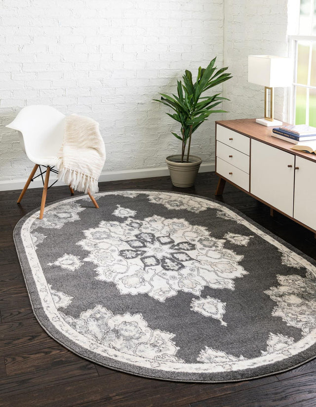Charcoal 5' x 8' Parker Oval Area Rug Traditional Motif Classic Design Stain Resistant Carpet for Living, Dining, Bedrooms, Kitchen, Office for Sale at Rug Engine