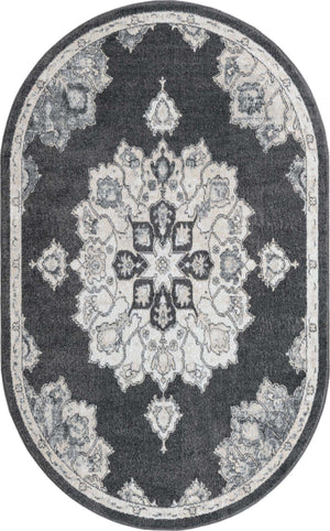 Charcoal 5' x 8' Parker Oval Area Rug Traditional Motif Classic Design Stain Resistant Carpet for Living, Dining, Bedrooms, Kitchen, Office for Sale at Rug Engine