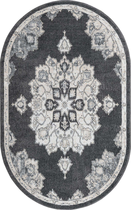 Charcoal 5' x 8' Parker Oval Area Rug Traditional Motif Classic Design Stain Resistant Carpet for Living, Dining, Bedrooms, Kitchen, Office for Sale at Rug Engine
