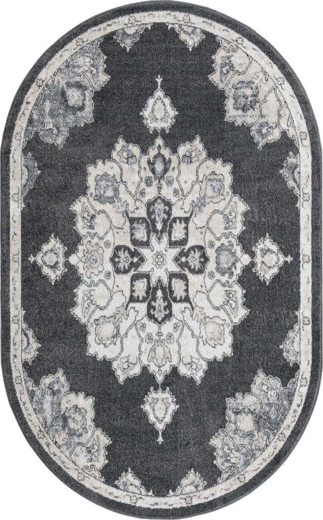 Charcoal 5' x 8' Parker Oval Area Rug Traditional Motif Classic Design Stain Resistant Carpet for Living, Dining, Bedrooms, Kitchen, Office for Sale at Rug Engine