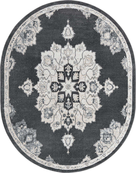 Charcoal 7' 10 x 10' Parker Oval Area Rug Traditional Motif Classic Design Stain Resistant Carpet for Living, Dining, Bedrooms, Kitchen, Office for Sale at Rug Engine