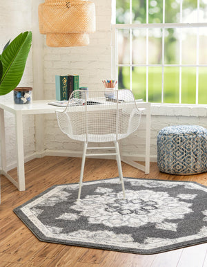 Charcoal 5' x 5' Parker Octagon Area Rug Traditional Motif Classic Design Stain Resistant Carpet for Living, Dining, Bedrooms, Kitchen, Office for Sale at Rug Engine
