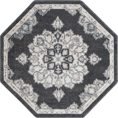 Charcoal 5' x 5' Parker Octagon Area Rug Traditional Motif Classic Design Stain Resistant Carpet for Living, Dining, Bedrooms, Kitchen, Office for Sale at Rug Engine