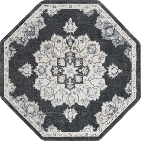 Charcoal 7' 10 x 7' 10 Parker Octagon Area Rug Traditional Motif Classic Design Stain Resistant Carpet for Living, Dining, Bedrooms, Kitchen, Office for Sale at Rug Engine