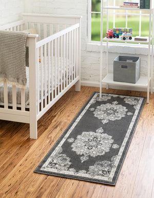 Charcoal 2' 7 x 12' Parker Runner Area Rug Traditional Motif Classic Design Stain Resistant Carpet for Living, Dining, Bedrooms, Kitchen, Office for Sale at Rug Engine