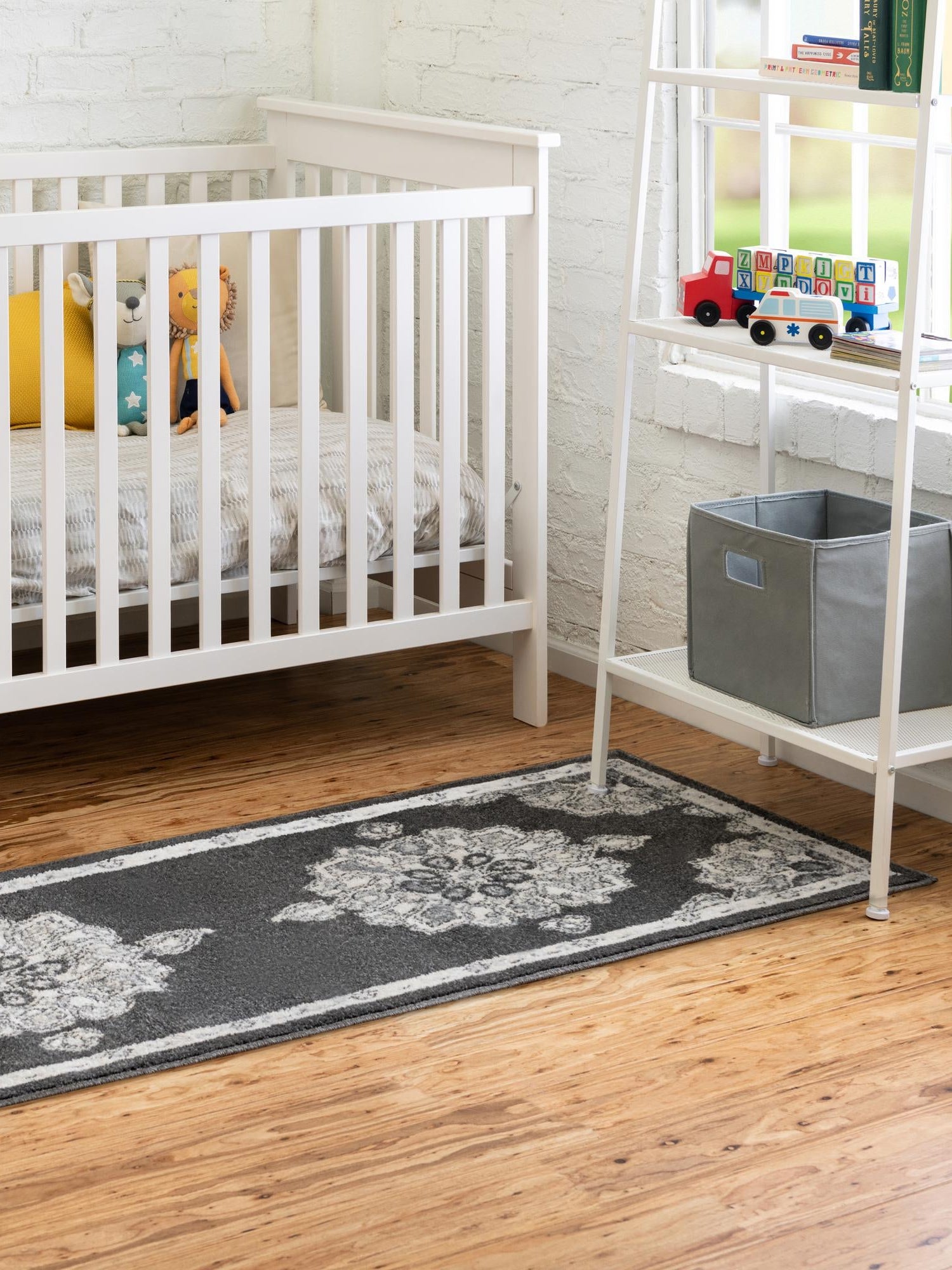 Charcoal 2' 7 x 12' Parker Runner Area Rug Traditional Motif Classic Design Stain Resistant Carpet for Living, Dining, Bedrooms, Kitchen, Office for Sale at Rug Engine