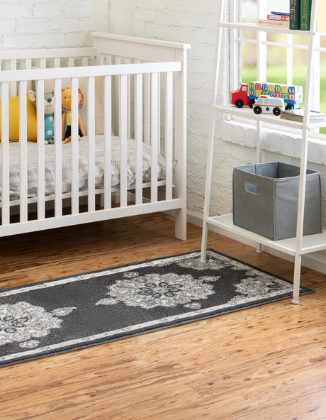 Charcoal 2' 7 x 12' Parker Runner Area Rug Traditional Motif Classic Design Stain Resistant Carpet for Living, Dining, Bedrooms, Kitchen, Office for Sale at Rug Engine