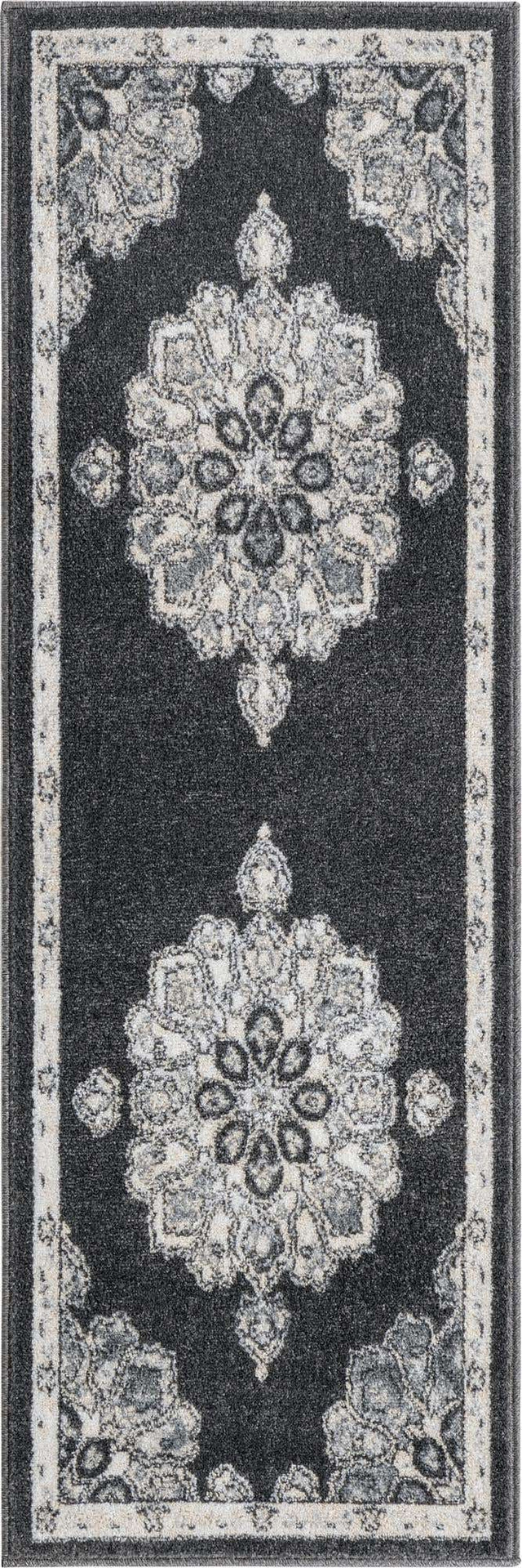 Charcoal 2' x 6' Parker Runner Area Rug Traditional Motif Classic Design Stain Resistant Carpet for Living, Dining, Bedrooms, Kitchen, Office for Sale at Rug Engine