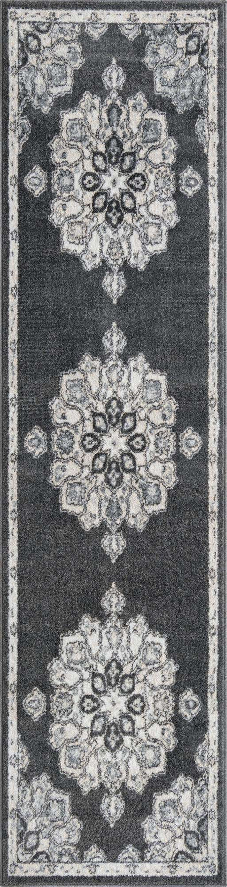 Charcoal 2' x 8' Parker Runner Area Rug Traditional Motif Classic Design Stain Resistant Carpet for Living, Dining, Bedrooms, Kitchen, Office for Sale at Rug Engine