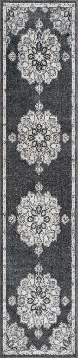 Charcoal 2' 7 x 12' Parker Runner Area Rug Traditional Motif Classic Design Stain Resistant Carpet for Living, Dining, Bedrooms, Kitchen, Office for Sale at Rug Engine