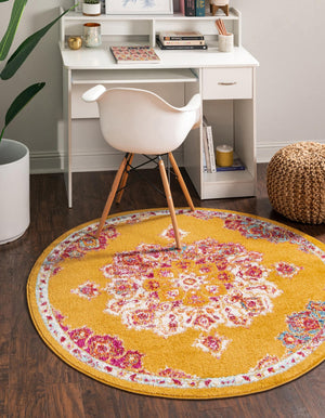 Yellow 7' 10 x 7' 10 Parker Round Area Rug Traditional Motif Classic Design Stain Resistant Carpet for Living, Dining, Bedrooms, Kitchen, Office for Sale at Rug Engine