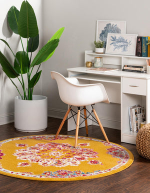 Yellow 7' 10 x 7' 10 Parker Round Area Rug Traditional Motif Classic Design Stain Resistant Carpet for Living, Dining, Bedrooms, Kitchen, Office for Sale at Rug Engine