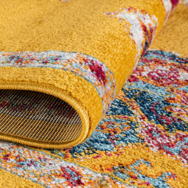 Yellow 7' 10 x 7' 10 Parker Round Area Rug Traditional Motif Classic Design Stain Resistant Carpet for Living, Dining, Bedrooms, Kitchen, Office for Sale at Rug Engine