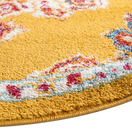 Yellow 7' 10 x 7' 10 Parker Round Area Rug Traditional Motif Classic Design Stain Resistant Carpet for Living, Dining, Bedrooms, Kitchen, Office for Sale at Rug Engine