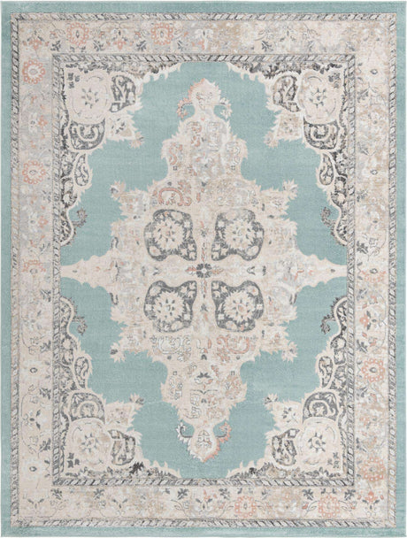 Aqua 10' x 13' Parker Rectangle Area Rug Traditional Motif Classic Design Stain Resistant Carpet for Living, Dining, Bedrooms, Kitchen, Office for Sale at Rug Engine