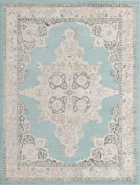 Aqua 9' x 12' Parker Rectangle Area Rug Traditional Motif Classic Design Stain Resistant Carpet for Living, Dining, Bedrooms, Kitchen, Office for Sale at Rug Engine