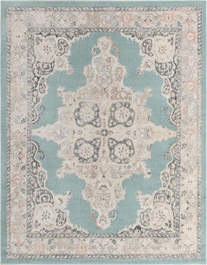 Aqua 7' 10 x 10' Parker Rectangle Area Rug Traditional Motif Classic Design Stain Resistant Carpet for Living, Dining, Bedrooms, Kitchen, Office for Sale at Rug Engine