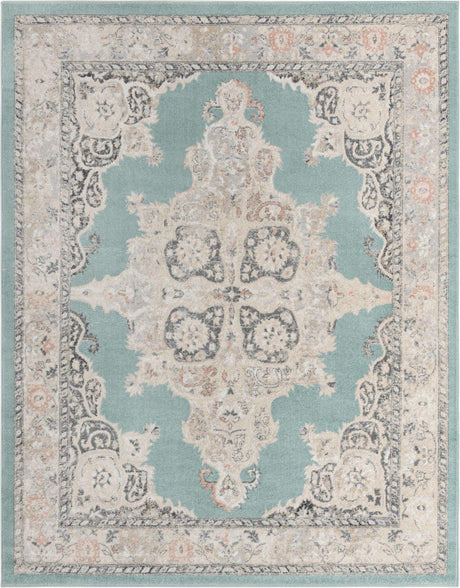 Aqua 7' 10 x 10' Parker Rectangle Area Rug Traditional Motif Classic Design Stain Resistant Carpet for Living, Dining, Bedrooms, Kitchen, Office for Sale at Rug Engine