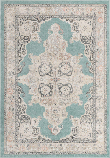 Aqua 7' x 10' Parker Rectangle Area Rug Traditional Motif Classic Design Stain Resistant Carpet for Living, Dining, Bedrooms, Kitchen, Office for Sale at Rug Engine