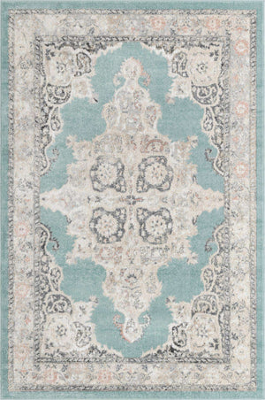 Aqua 6' x 9' Parker Rectangle Area Rug Traditional Motif Classic Design Stain Resistant Carpet for Living, Dining, Bedrooms, Kitchen, Office for Sale at Rug Engine