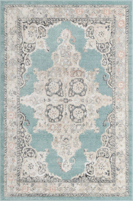 Aqua 6' x 9' Parker Rectangle Area Rug Traditional Motif Classic Design Stain Resistant Carpet for Living, Dining, Bedrooms, Kitchen, Office for Sale at Rug Engine