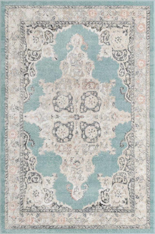 Aqua 6' x 9' Parker Rectangle Area Rug Traditional Motif Classic Design Stain Resistant Carpet for Living, Dining, Bedrooms, Kitchen, Office for Sale at Rug Engine