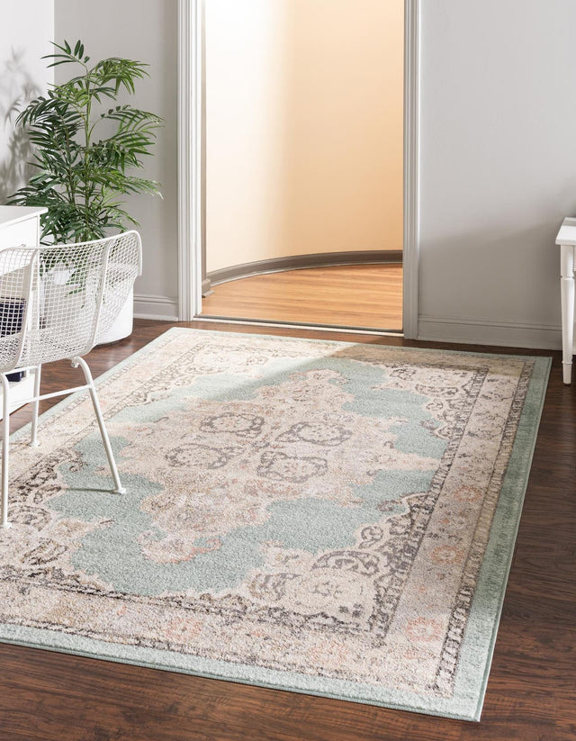 Aqua 9' x 12' Parker Rectangle Area Rug Traditional Motif Classic Design Stain Resistant Carpet for Living, Dining, Bedrooms, Kitchen, Office for Sale at Rug Engine