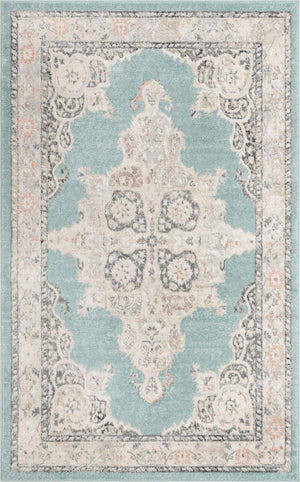 Aqua 5' x 8' Parker Rectangle Area Rug Traditional Motif Classic Design Stain Resistant Carpet for Living, Dining, Bedrooms, Kitchen, Office for Sale at Rug Engine