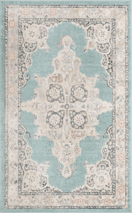 Aqua 5' x 8' Parker Rectangle Area Rug Traditional Motif Classic Design Stain Resistant Carpet for Living, Dining, Bedrooms, Kitchen, Office for Sale at Rug Engine