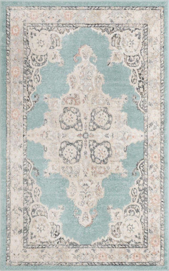 Aqua 5' x 8' Parker Rectangle Area Rug Traditional Motif Classic Design Stain Resistant Carpet for Living, Dining, Bedrooms, Kitchen, Office for Sale at Rug Engine