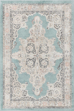 Aqua 4' x 6' Parker Rectangle Area Rug Traditional Motif Classic Design Stain Resistant Carpet for Living, Dining, Bedrooms, Kitchen, Office for Sale at Rug Engine