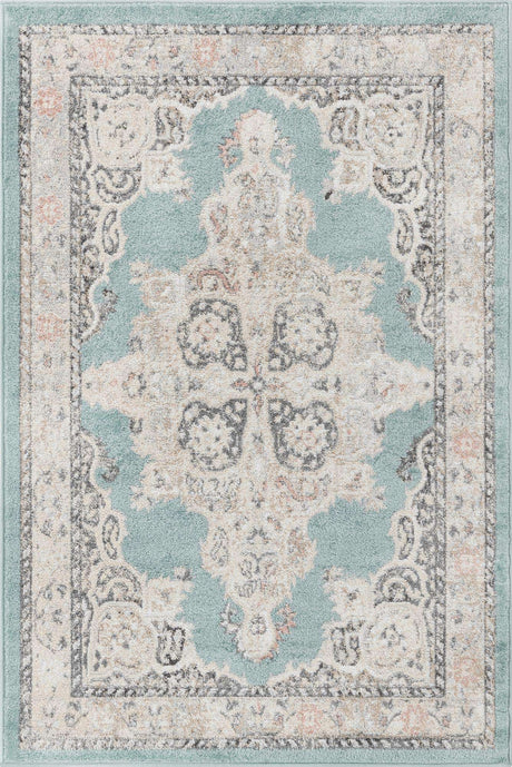 Aqua 4' x 6' Parker Rectangle Area Rug Traditional Motif Classic Design Stain Resistant Carpet for Living, Dining, Bedrooms, Kitchen, Office for Sale at Rug Engine