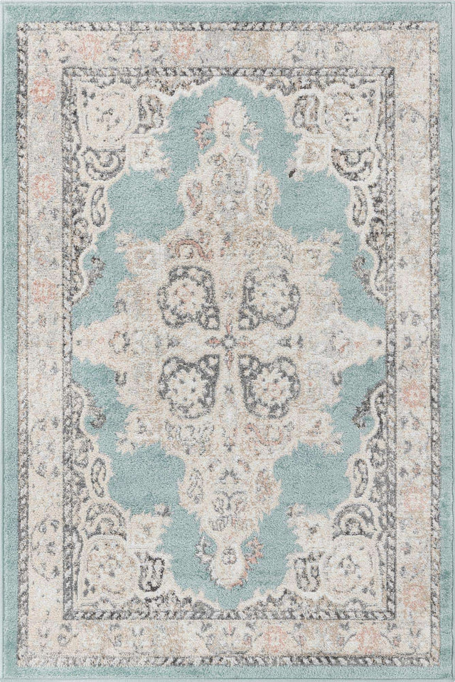 Aqua 4' x 6' Parker Rectangle Area Rug Traditional Motif Classic Design Stain Resistant Carpet for Living, Dining, Bedrooms, Kitchen, Office for Sale at Rug Engine