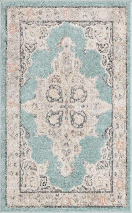 Aqua 3' 3 x 5' 3 Parker Rectangle Area Rug Traditional Motif Classic Design Stain Resistant Carpet for Living, Dining, Bedrooms, Kitchen, Office for Sale at Rug Engine