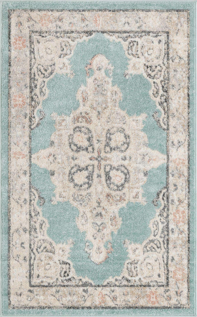 Aqua 3' 3 x 5' 3 Parker Rectangle Area Rug Traditional Motif Classic Design Stain Resistant Carpet for Living, Dining, Bedrooms, Kitchen, Office for Sale at Rug Engine