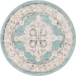 Aqua 3' 3 x 3' 3 Parker Round Area Rug Traditional Motif Classic Design Stain Resistant Carpet for Living, Dining, Bedrooms, Kitchen, Office for Sale at Rug Engine