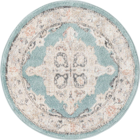 Aqua 3' 3 x 3' 3 Parker Round Area Rug Traditional Motif Classic Design Stain Resistant Carpet for Living, Dining, Bedrooms, Kitchen, Office for Sale at Rug Engine