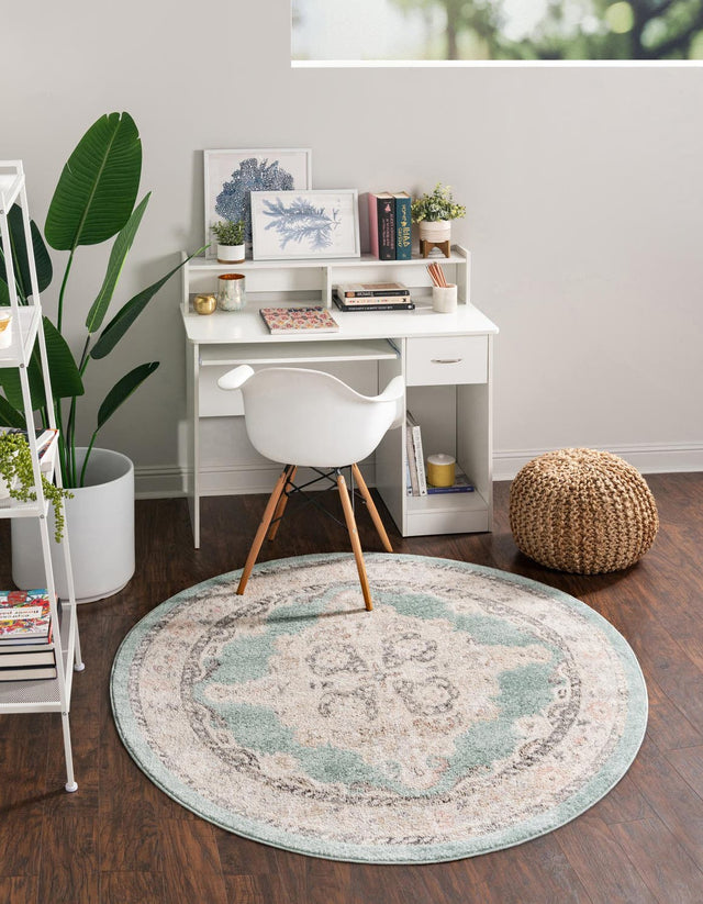 Aqua 7' 10 x 7' 10 Parker Round Area Rug Traditional Motif Classic Design Stain Resistant Carpet for Living, Dining, Bedrooms, Kitchen, Office for Sale at Rug Engine