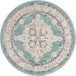 Aqua 5' x 5' Parker Round Area Rug Traditional Motif Classic Design Stain Resistant Carpet for Living, Dining, Bedrooms, Kitchen, Office for Sale at Rug Engine