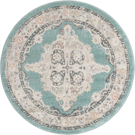 Aqua 5' x 5' Parker Round Area Rug Traditional Motif Classic Design Stain Resistant Carpet for Living, Dining, Bedrooms, Kitchen, Office for Sale at Rug Engine