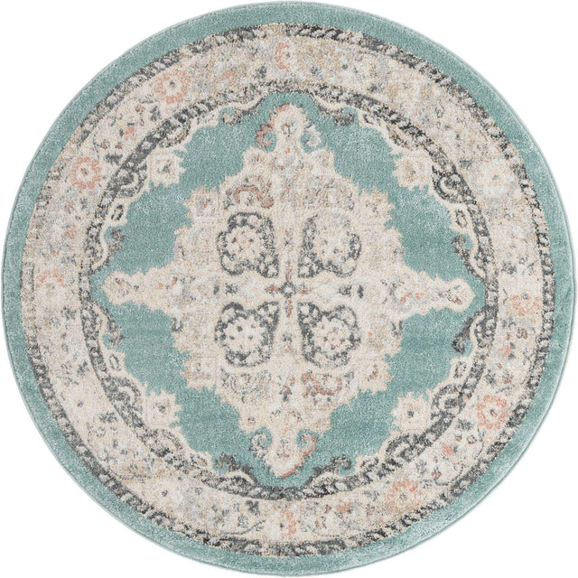 Aqua 5' x 5' Parker Round Area Rug Traditional Motif Classic Design Stain Resistant Carpet for Living, Dining, Bedrooms, Kitchen, Office for Sale at Rug Engine