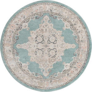 Aqua 7' 10 x 7' 10 Parker Round Area Rug Traditional Motif Classic Design Stain Resistant Carpet for Living, Dining, Bedrooms, Kitchen, Office for Sale at Rug Engine