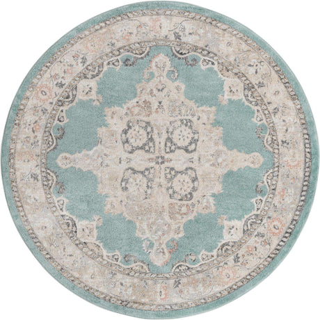 Aqua 7' 10 x 7' 10 Parker Round Area Rug Traditional Motif Classic Design Stain Resistant Carpet for Living, Dining, Bedrooms, Kitchen, Office for Sale at Rug Engine