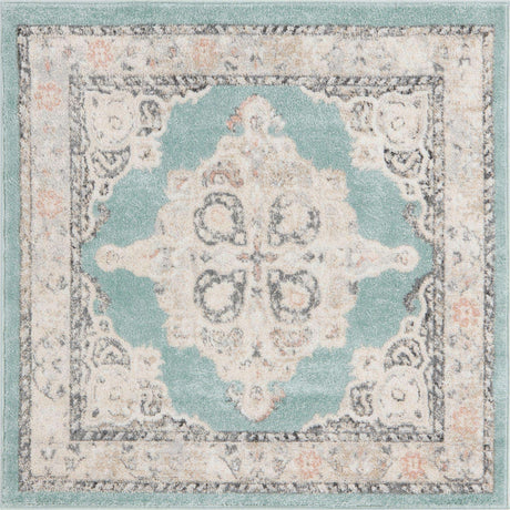 Aqua 4' x 4' Parker Square Area Rug Traditional Motif Classic Design Stain Resistant Carpet for Living, Dining, Bedrooms, Kitchen, Office for Sale at Rug Engine