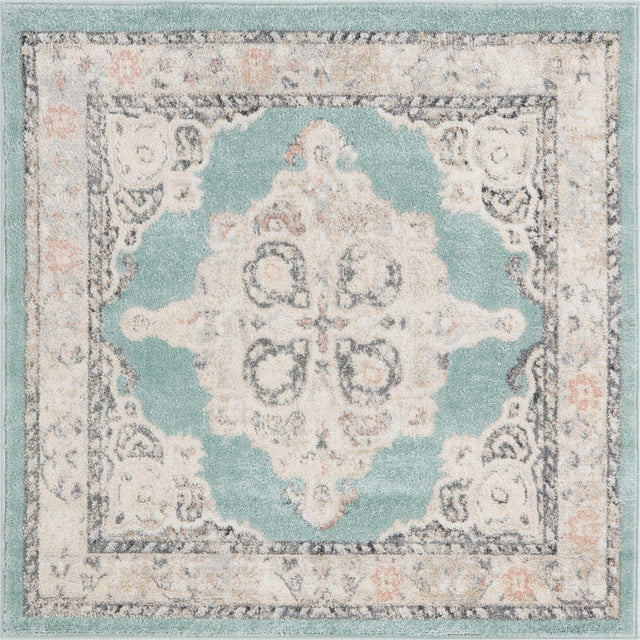 Aqua 4' x 4' Parker Square Area Rug Traditional Motif Classic Design Stain Resistant Carpet for Living, Dining, Bedrooms, Kitchen, Office for Sale at Rug Engine