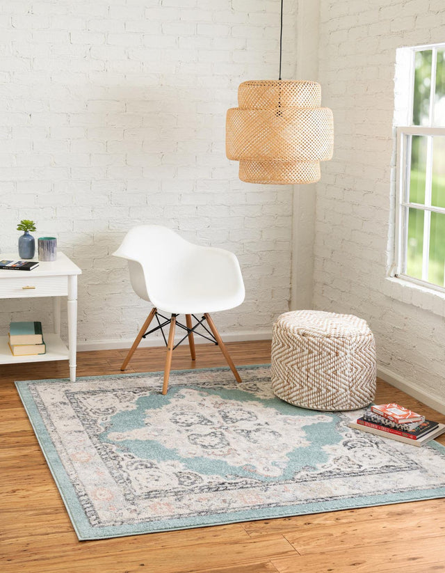 Aqua 7' 10 x 7' 10 Parker Square Area Rug Traditional Motif Classic Design Stain Resistant Carpet for Living, Dining, Bedrooms, Kitchen, Office for Sale at Rug Engine
