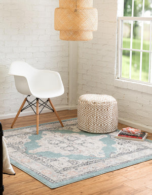Aqua 7' 10 x 7' 10 Parker Square Area Rug Traditional Motif Classic Design Stain Resistant Carpet for Living, Dining, Bedrooms, Kitchen, Office for Sale at Rug Engine