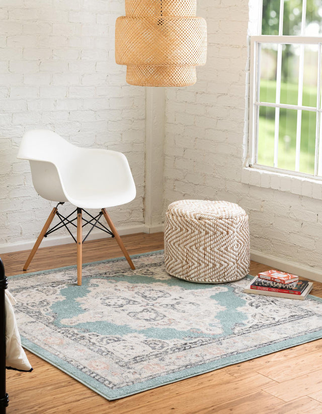Aqua 7' 10 x 7' 10 Parker Square Area Rug Traditional Motif Classic Design Stain Resistant Carpet for Living, Dining, Bedrooms, Kitchen, Office for Sale at Rug Engine
